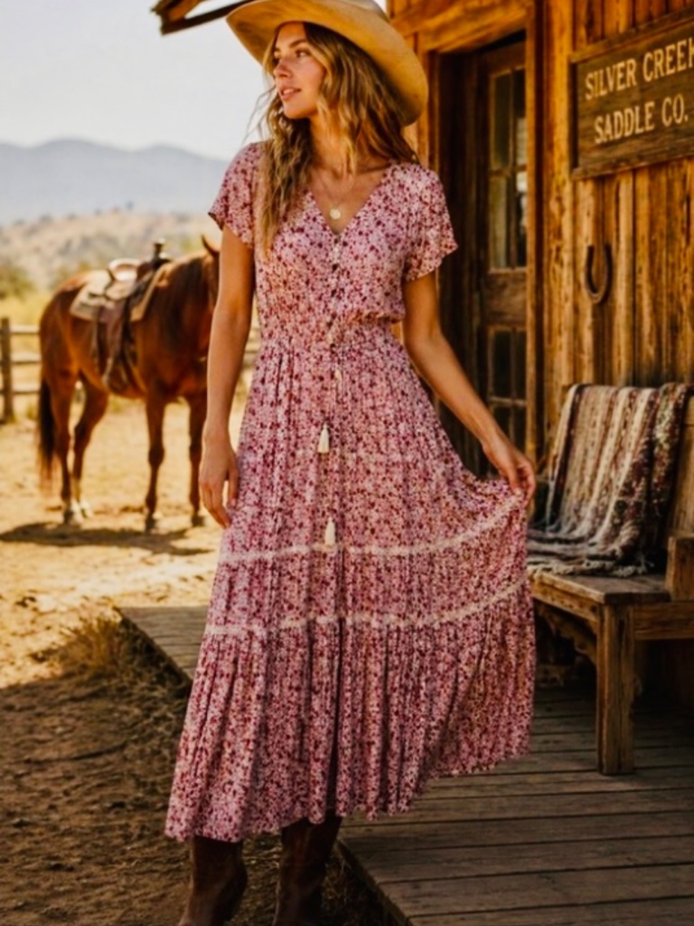 Cotton & Rye Floral Smocked Maxi Dress Tiered Rose Medium Feminine